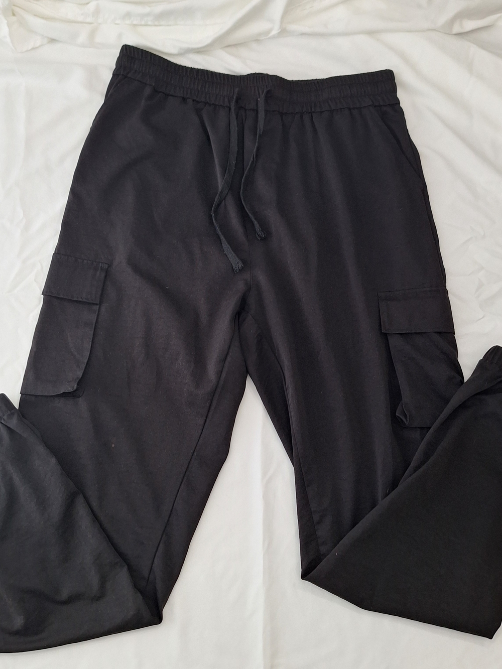 Men's Black Cargo Jogger Pants XL Elastic Waist Drawstring Polyester Pockets